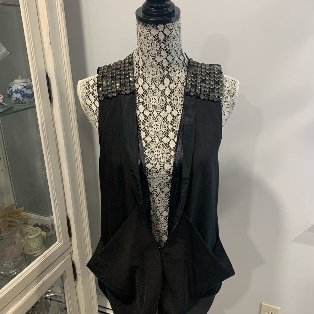 Satin Texture Black Elegant Embellished Studs and Sequence Top Vest